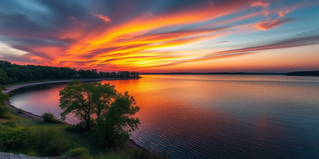 Create a high-resolution image of a serene landscape with a vivid sunset over a calm lake, featuring lush trees on the shore, with a DSLR camera at f/8 aperture, ISO 100, 1/250 shutter speed, wide-angle view to capture the full scene.