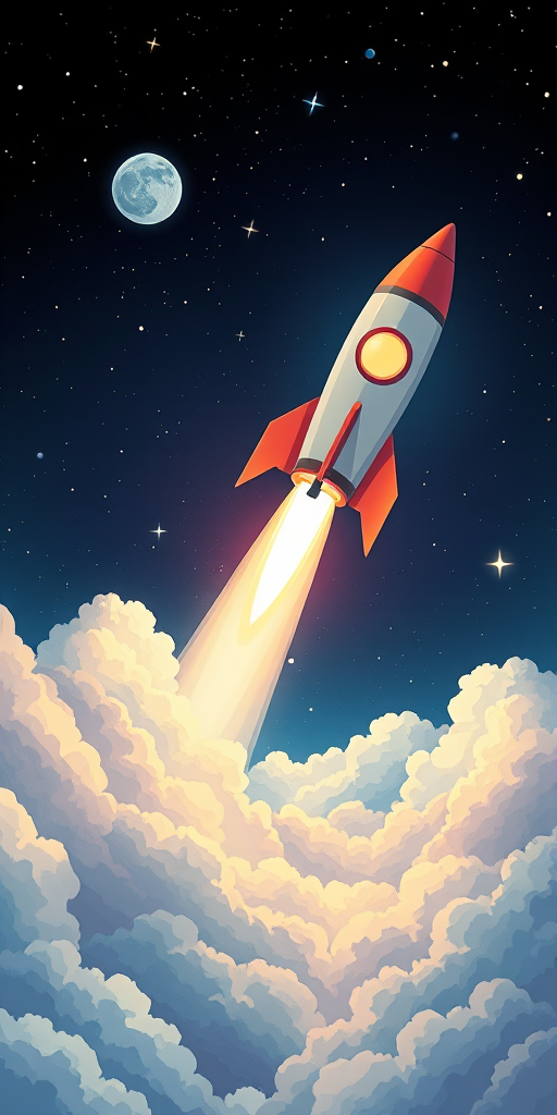 Create a vibrant illustration of a rocket launching into space, surrounded by clouds and stars, captured with a DSLR camera at f/8 aperture, ISO 200, 50mm focal length, in a wide-angle view with a cinematic style.