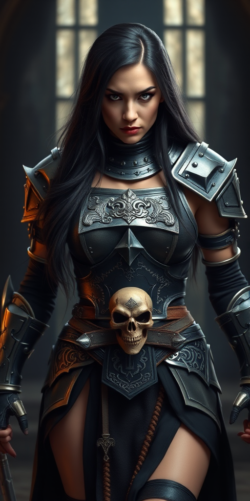 Create a photo of a fierce female warrior with long black hair, wearing an ornate, metallic armor. The armor includes a breastplate with intricate designs, shoulder guards, and gauntlets. The breastplate is decorated with a central emblem, possibly representing a mythical symbol, and has a sculpted, form-fitting design. She wears a belt with a large skull ornament at the center, and her armor extends into a partial skirt, revealing one leg. The overall look is both protective and stylish, with a dark, gothic aesthetic. The background is dimly lit, suggesting a medieval or fantasy setting, enhancing the warrior's imposing presence and intense expression.