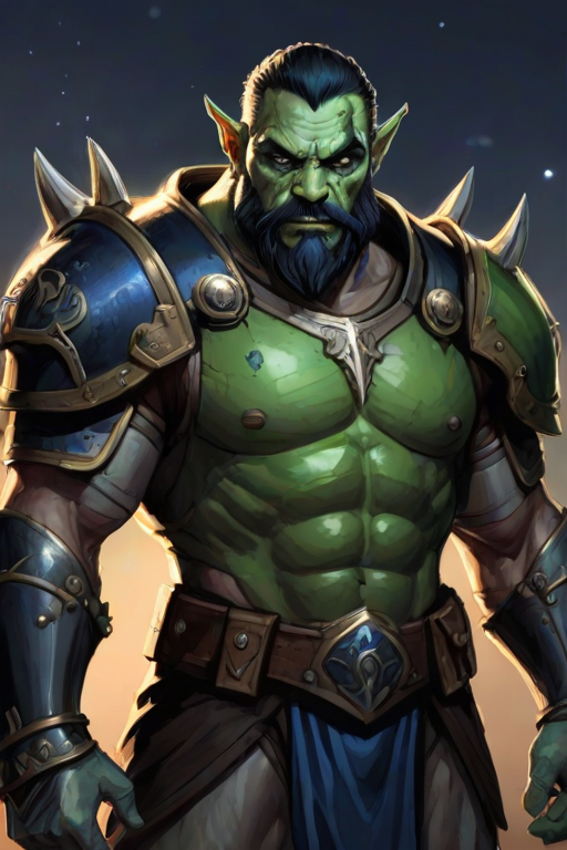 safe, sketch, 1boy, solo, male focus, mature male, orc, green skin, tusks, blue eyes, short hair, black hair, facial hair, beard, mustache, looking at viewer, armor, shoulder armor, breastplate, pauldrons, upper body, closed mouth, standing, outdoors, night, night sky, dark background