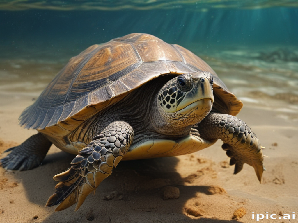Graceful Sea Turtle Swimming Through Crystal Clear Ocean Waters at Depth