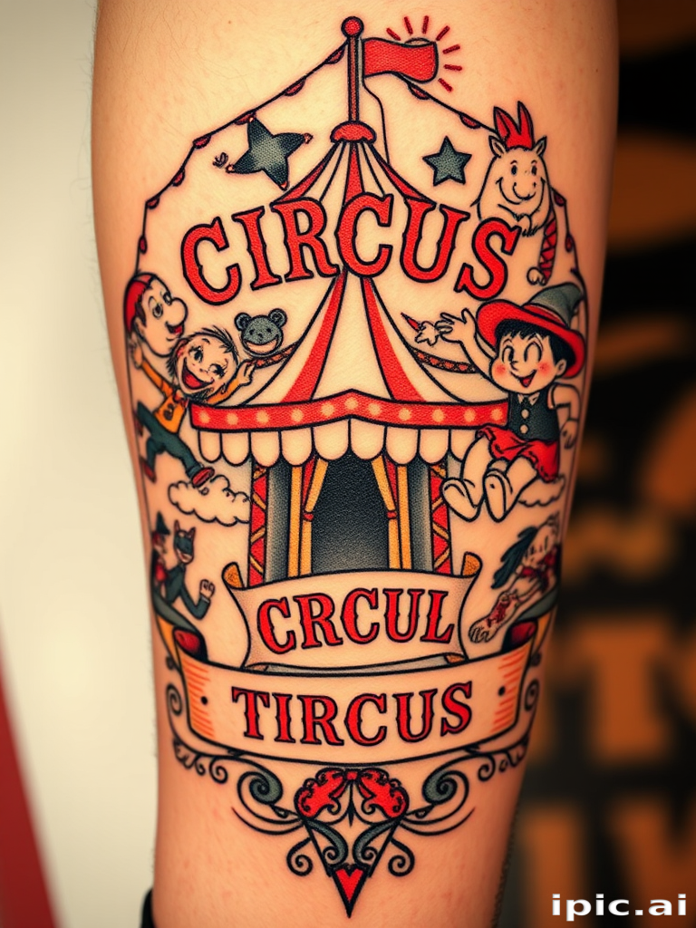 Vintage circus-themed tattoo featuring whimsical characters, bold typography, and nostalgic imagery, rendered in a sepia-toned color palette for an authentic old-world charm