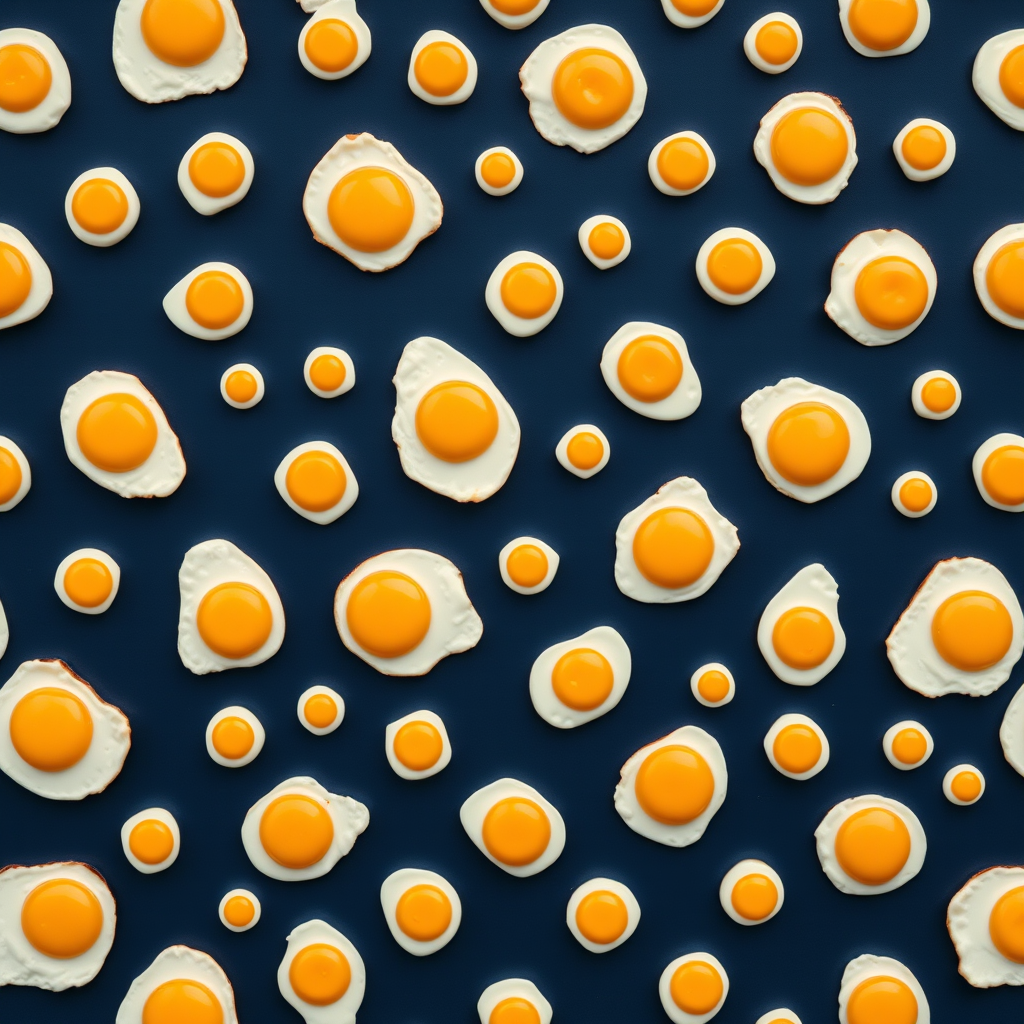 Create a seamless pattern design featuring various sizes of fried eggs on a dark blue background, in a flat lay style, using a digital camera with a 50mm lens, f/8 aperture, ISO 100, and natural lighting for enhanced clarity and color vibrancy.