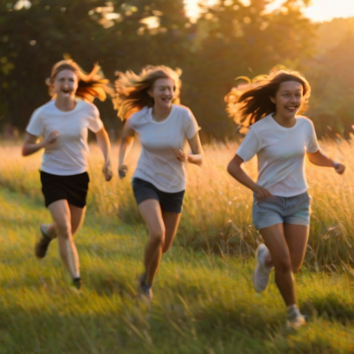 Blurry, fast-paced image of a group of teenagers running through a field at sunset, laughter frozen in the moment, the golden light of the setting sun casting long shadows, soft breeze rustling the grass, distant trees silhouetted against the sky.
