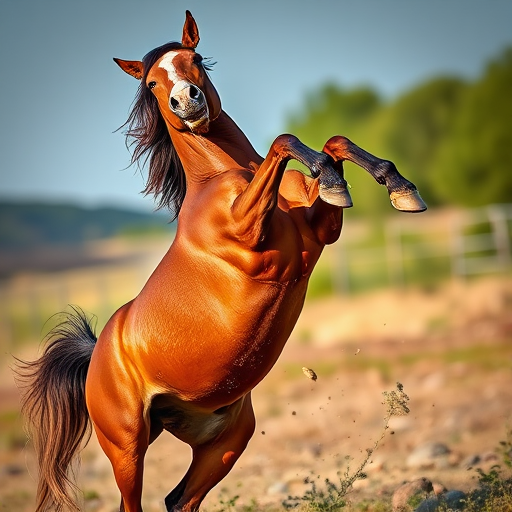 Regenerate an image of a horse in a playful position, using a Canon EOS R5, 24mm lens, f/2.8 aperture, ISO 100, shot from a low angle to capture the motion and detail, with a focus on vibrant colors and smooth bokeh in the background.