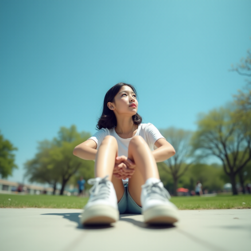 Generate an ultra-realistic, highly detailed, high-definition photograph. It's a photo of a girl sitting on the floor. She's looking at the horizon. The photo is taken from the bottom up, at ground level. The girl's sneakers are in the foreground, in the center of the scene. The girl is wearing light clothes, a t-shirt and short shorts. The sky is blue. Bright environment. The background is a blurred image of a park.