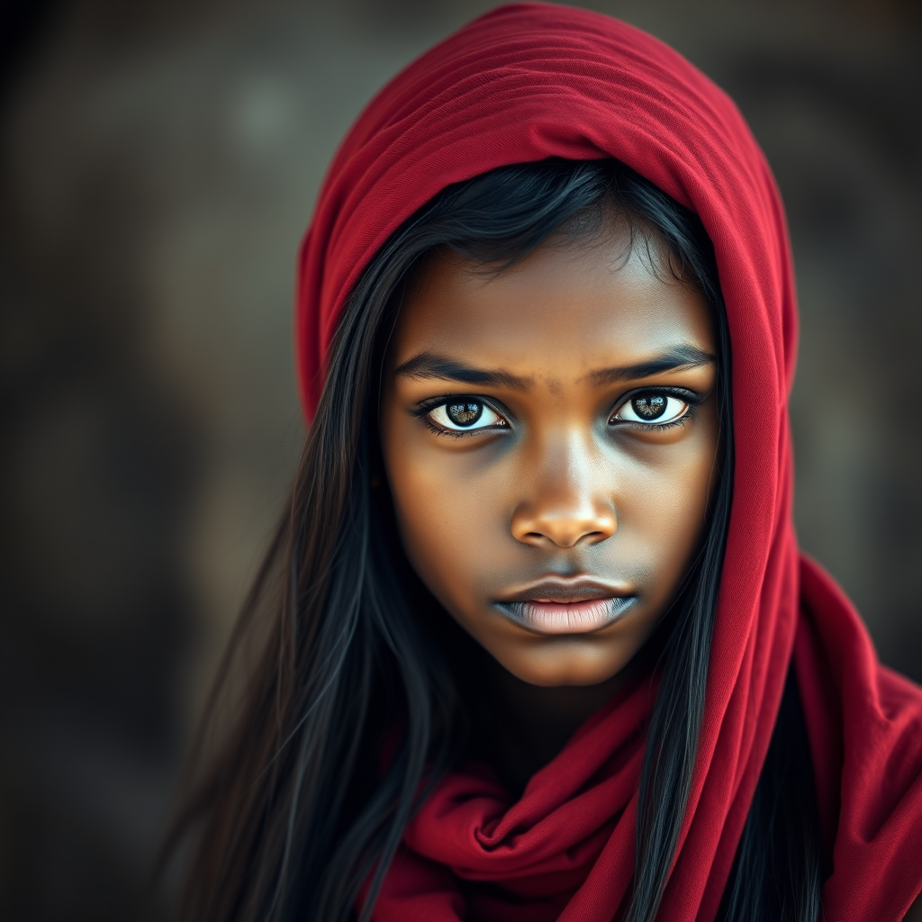 Create a portrait of a young Melanesian male with long, dark hair and captivating hazel eyes. She is wearing a red headscarf and a matching scarf draped gracefully around her neck. The background is softly blurred, focusing attention on her serene and natural expression. The overall color palette is muted and warm, enhancing the intimate and authentic feel of the portrait.