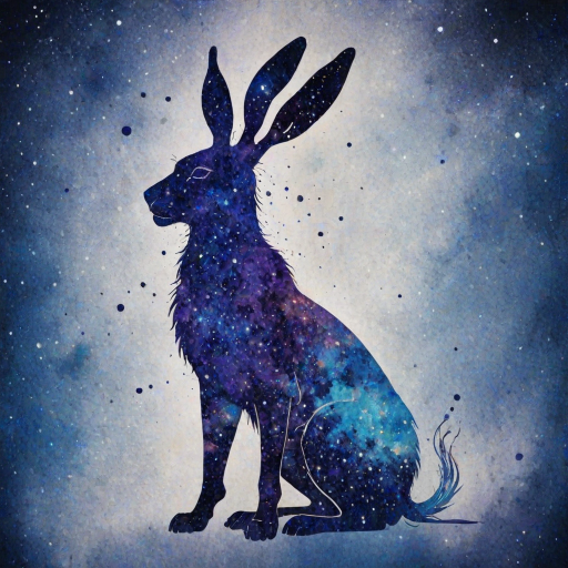 Captivating conceptual render alcohol ink art, double exposure, the paint strokes artfully merge combining a woman's full silhouette with a Humble hare's silhouette. The figures are composed of a series of colored dots, lines & spots that evoke the image of a cosmic galaxy, colors are deep shades of blue purple & black with flashes of white & silver representing distant stars. The woman's silhouette is formed within the lion's silhouette from constellations of scattered stars, surreal