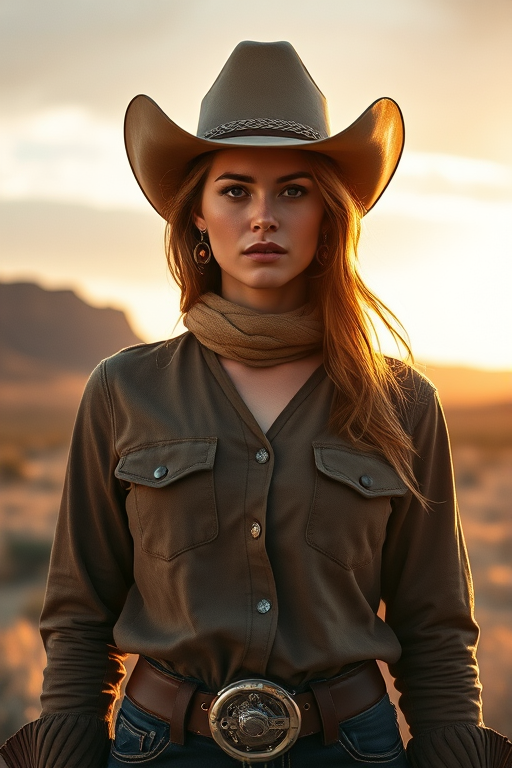 Dramatic photo of a beautiful Western American woman, classic cowboy attire, confident and free spirit expression, half-length portrait, centered, golden hour desert landscape, warm, diffused light, low angle, medium format film camera, in style of Annie Leibovitz.