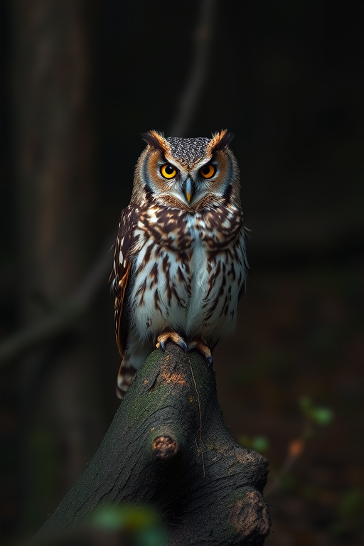 owl perched on a log in a dimly lit environment, sharp focus, aperture f/2.8, ISO 400, 50mm lens, natural light, DSLR camera, shallow depth of field