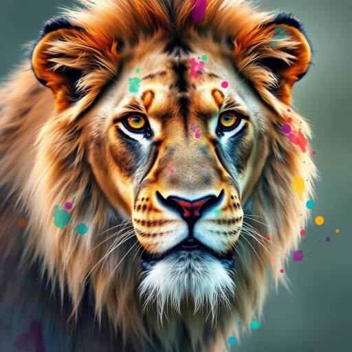 create a hyper-realistic digital painting of a lion with vibrant watercolor effects and splashes of color, shot with a Canon EOS R5 at f/2.8, ISO 100, 85mm lens, with a soft focus background to enhance the lion's detailed fur and piercing eyes
