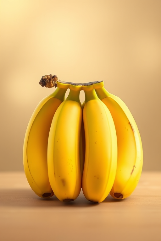 Create a high-resolution illustration of a bunch of four ripe bananas, front view, with a soft focus background, using a digital painting style, simulating a DSLR camera with a f-stop of 2.8 for shallow depth of field, ISO 100 for minimal noise, and a 50mm lens for sharp detail.