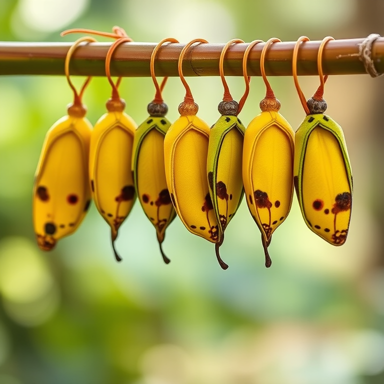 Generate an image of a row of colorful butterfly chrysalises hanging from a bamboo stick. The chrysalises should display various shades of yellow with black spots and markings, showcasing the transformation process of butterflies in a natural setting. The background should be softly blurred to emphasize the chrysalises.