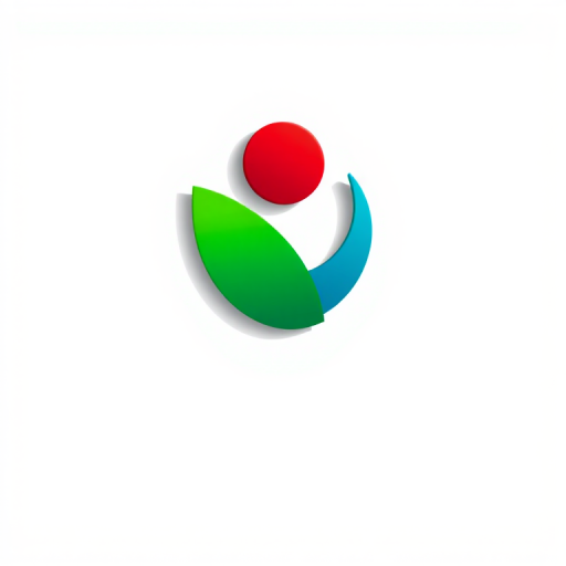 Create a high-resolution logo design featuring a green and blue abstract shape with a red circle on top, using a DSLR camera with a 50mm lens, aperture set to f/1.8, ISO 100, and shot in natural light from a slightly elevated angle for a clean, professional look.