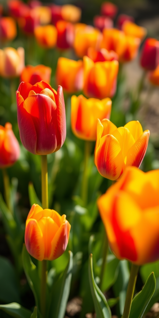 close-up of colorful tulips in a garden, f/2.8, 1/200s, ISO 100, shallow depth of field, macro lens, natural lighting, DSLR camera
