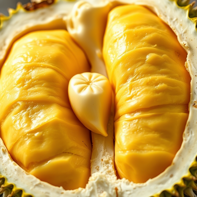 Create a high-resolution digital illustration of a durian fruit split open, showcasing its creamy yellow flesh, using a DSLR camera setting of f/4 aperture, ISO 100, and 1/125 shutter speed for clarity, in a macro view with soft, diffused lighting to enhance texture and detail.