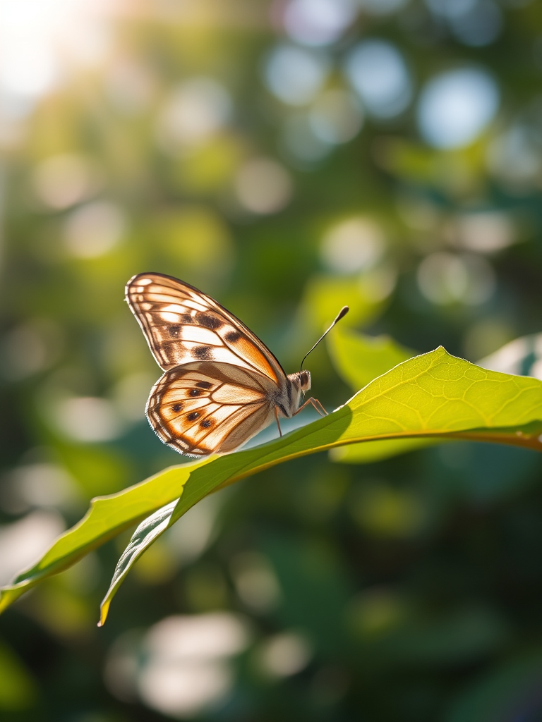 a close-up of a butterfly resting on a green leaf in a natural setting with soft sunlight filtering through blurred foliage