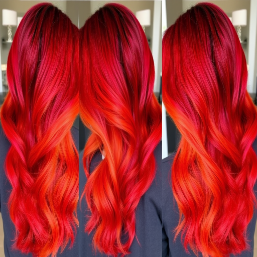 Fiery ombre locks transitioning from deep crimson roots to brilliant orange tips, reminiscent of a blazing sunset, dubbed "Phoenix Rising"
