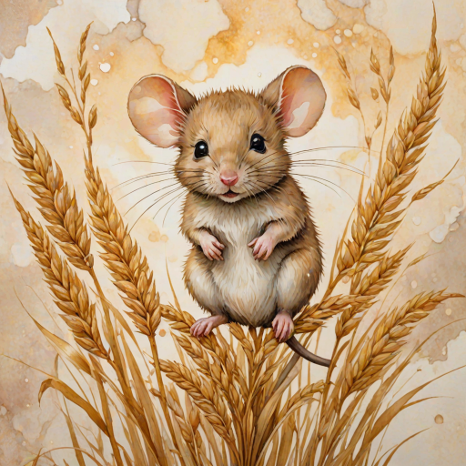 Soft, muted Alcohol Ink with ebru effect background image of tiny whimsical mousey, who climbed high on the top of a golden rye ear.