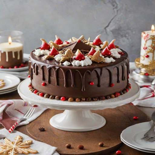 Create an image of a festive cake with a smooth white frosting base. The cake should be topped with red berries, gold star-shaped cookies, and delicate white snowflake decorations. Add a candy cane and drizzle rich chocolate ganache down the sides of the cake for an elegant touch. The setting should feel warm and inviting, perfect for a holiday celebration.
