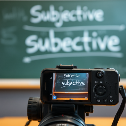 Capture a high-resolution image of a smartphone displaying the word "subjective" while its camera focuses on the chalkboard with the word "objective" in soft focus, using a DSLR camera at f/2.8 aperture, ISO 100, and a 50mm lens, in a well-lit indoor environment.