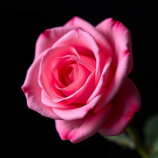 A close-up shot of a pink rose on a black background, taken with a Canon EOS 5D Mark IV camera, 50mm lens, f/1.8 aperture, ISO 100, soft natural lighting, focus on petals' details, shallow depth of field for a blurred background.