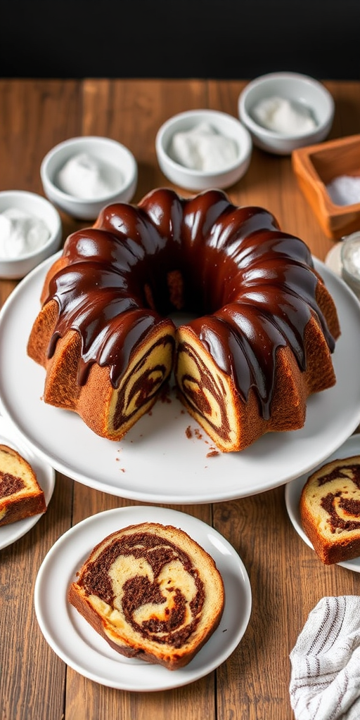 A beautifully decorated bundt cake with a glossy chocolate glaze and a marbled chocolate and vanilla interior served on a white plate surrounded by slices on small plates and bowls of sugar in the background.