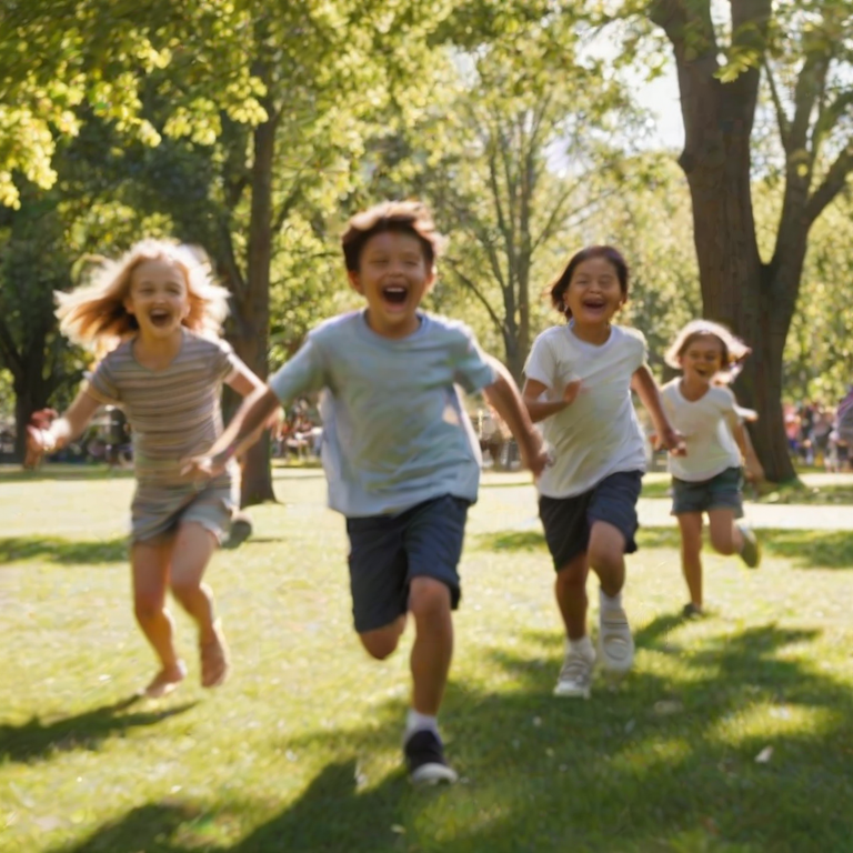 Blurry candid shot of a group of children playing tag in a sunny park, laughter filling the air, with trees providing dappled shade around them.