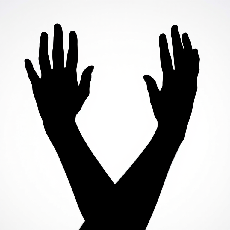 high-contrast silhouette of raised hands against a white background, Canon EOS R5, ISO 100, f/8, 1/250s, portrait view, soft shadow effect, minimalistic style