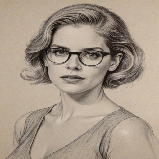 Magnificent Anna Chlumsky, pencil sketch, portrait of Wonderful woman 1931s in glasses, hair style beatnik, outline, clear lines, fine lines, 8k