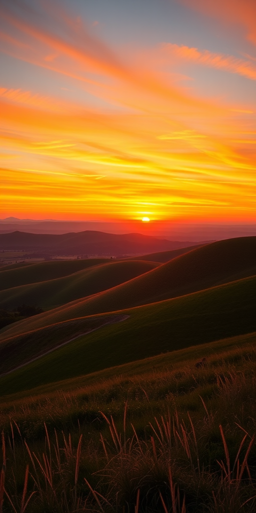 Generate a high-resolution image of a serene landscape featuring rolling hills and a vibrant sunset in the background capturing the warm colors of the sky with a Canon EOS R5, 24mm f/1.4 lens, aperture set to f/8, ISO 100, shot in landscape orientation at golden hour for enhanced lighting and detail.