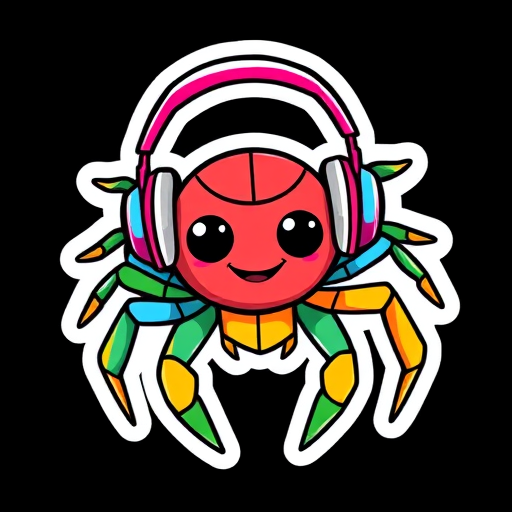 imagine sticker, Happy Colorful Spider wearing Headphones, kawaii, contour, vector, black background