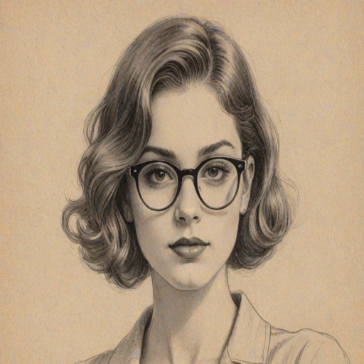 Alluring Charli D'Amelio, pencil sketch, portrait of Lovely woman 1925s in glasses, hair style beatnik, outline, clear lines, fine lines, 8k