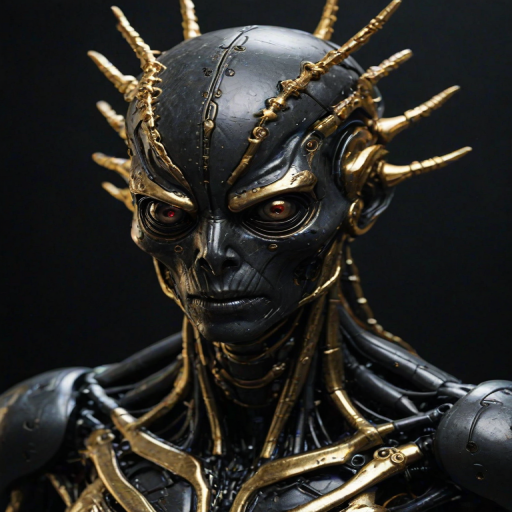 robotic body,made out of black mate steel ,golden cracks , black eyes,f ocused lighting, crown  on head, dark background, close up, portret ,alien  looking creature, tentacles coming out of head