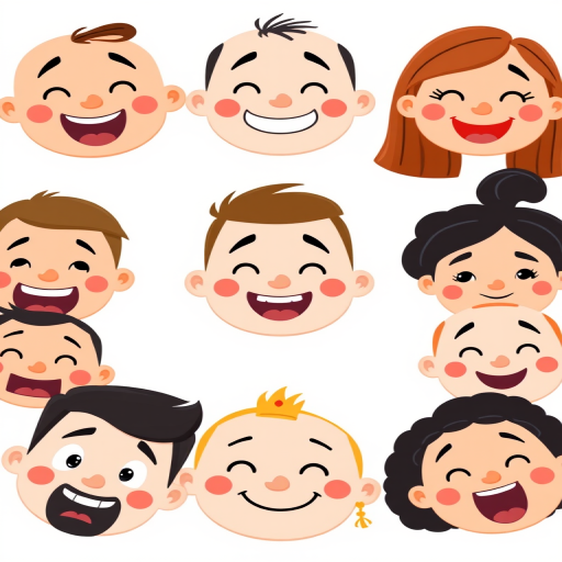 Create a high-quality vector illustration of diverse cartoon faces expressing various emotions, top-down view, minimalistic style, using a DSLR camera with a 50mm lens, f/1.8 aperture, ISO 100, and soft lighting for enhanced details and sharpness.