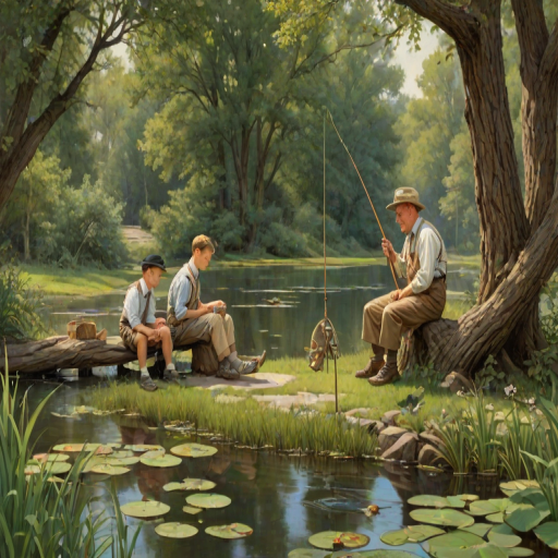 Imagine a small group of old fashioned young boys out fishing by the creek, a swing hanging from a tree branch, reeds and grasses by the water's edge, a frog sitting on a lily pad, dragonflies hovering over som water plans, a very iconic old fashioned scene reminiscent of a Norman Rockwell painting style