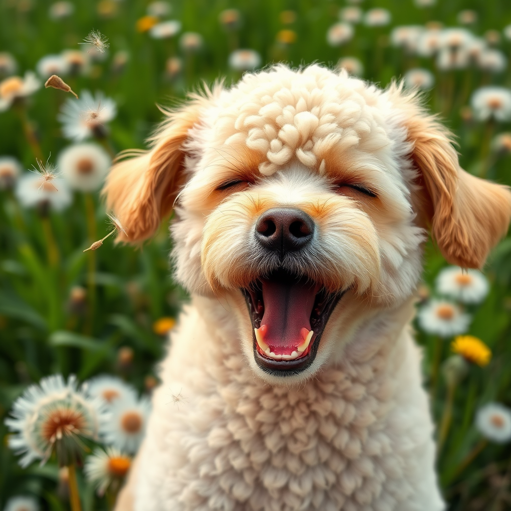 An expressive image of a poodle dog in a comedic situation where it appears to be sneezing. The dog's eyes are squeezed shut, and its ears flap as the force of the sneeze is illustrated. Mouth slightly open, visible sneeze particles flying in the air. In the background, a lush green field full of seed head dandelions.