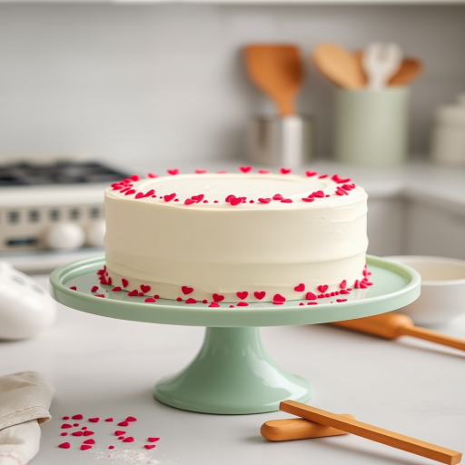 Create an image of a round white cake decorated with small red heart sprinkles on the sides placed on a light green cake stand with a blurred kitchen background and some baking utensils nearby.