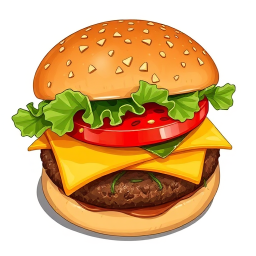 Create a highly detailed illustration of a classic hamburger, featuring layers of lettuce, tomato, cheese, and a juicy patty, captured with a 50mm lens at f/2.8, 1/60s shutter speed, and ISO 100, in a top-down view, using a DSLR to enhance color vibrancy and clarity.