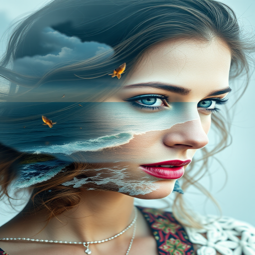 this photo is Book cover, A surreal double exposure portrait that blends a woman's face with a beautiful seascape. The overall mood is dreamy and mystical, with rich colors and intricate details