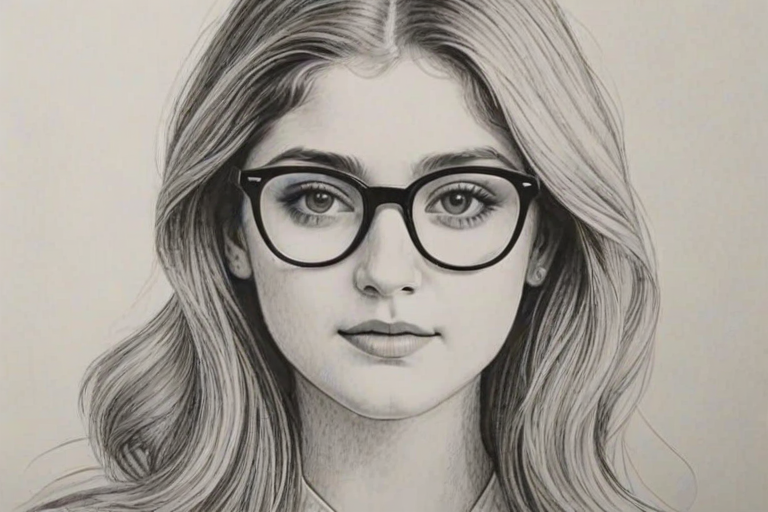Charming Willow Shields, pencil sketch, portrait of Radiant woman 1964s in glasses, hair style beatnik, outline, clear lines, fine lines, 8k