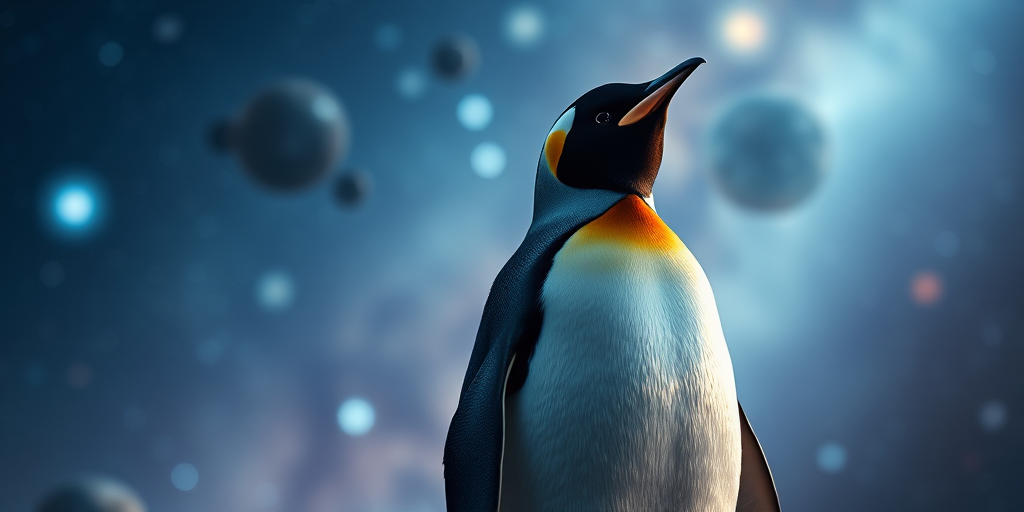 penguin standing against a cosmic background, soft lighting, high dynamic range, shallow depth of field, f/2.8 aperture, ISO 100, 50mm lens, DSLR camera, cinematic style, focus on the penguin with a blurred galaxy backdrop
