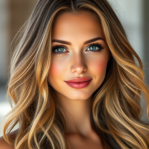 portrait of a woman with long wavy hair and a confident expression, soft focus background, natural lighting, aperture f/2.8, ISO 100, 50mm lens, DSLR camera, shallow depth of field, enhanced colors and contrast