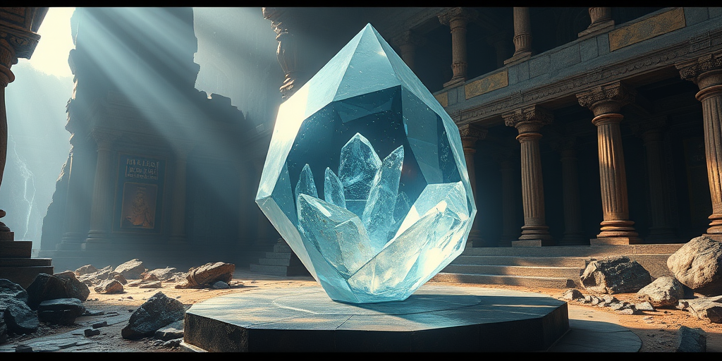 Create a high-resolution fantasy scene of a large, glowing crystal in an ancient temple setting, with soft, diffused lighting, using a DSLR camera, aperture f/2.8, ISO 100, 24mm lens, and a wide angle shot to capture intricate details of the surroundings and reflections in the crystal.
