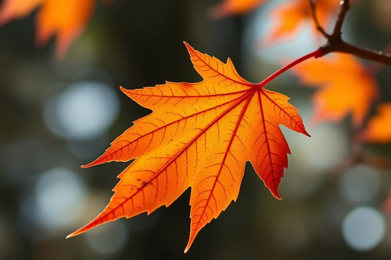 Create an image of a vibrant orange maple leaf with intricate vein details, captured with a DSLR camera at f/2.8, ISO 100, 50mm lens, in natural soft lighting, focusing on a shallow depth of field to highlight the leaf against a blurred background.