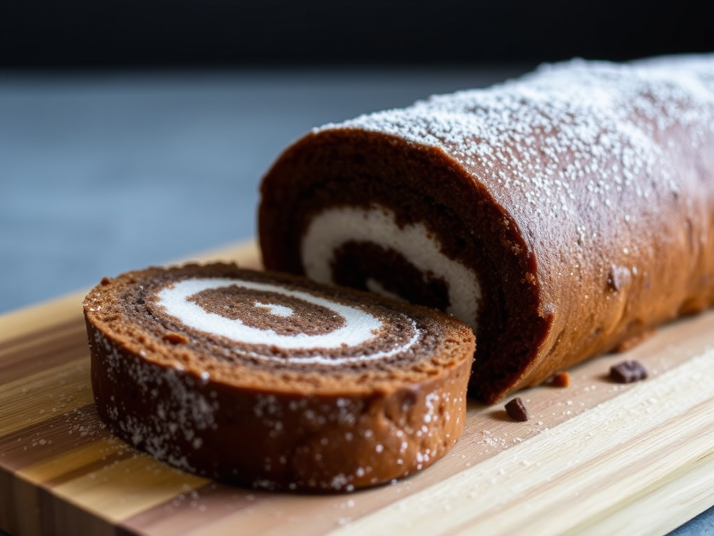 Chocolate Swiss roll dusted with powdered sugar on a wooden cutting board with a blurred background.