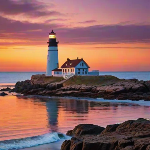Generate an image of a tall lighthouse perched on a rocky outcrop surrounded by calm ocean waters during a breathtaking sunset. The lighthouse stands sturdy and weathered, its stone surface illuminated by the warm golden light of the setting sun. The sun's rays pass directly through the glass lantern room at the top of the lighthouse, casting a brilliant light across the scene. The sky is painted with vibrant shades of orange, pink, and purple, reflecting off the tranquil sea. The surrounding water shimmers with the same warm hues, creating a serene and majestic atmosphere.