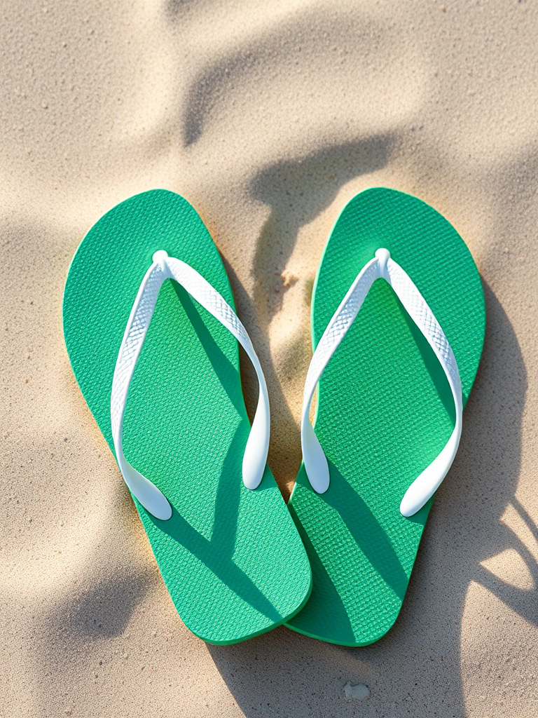 Create a high-resolution image of a pair of green flip-flops with white straps on a sandy beach background, using a DSLR camera with a 50mm lens, aperture set to f/2.8, ISO 100, shot from a top-down perspective in natural light for enhanced clarity and detail.