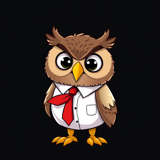 Create a cartoon-style image of an owl with exaggerated features, wearing a white shirt and a red tie, set against a plain black background, using a DSLR camera with a 50mm lens, f/2.8 aperture, ISO 100, and a slight vignette effect to enhance depth and focus on the owl.