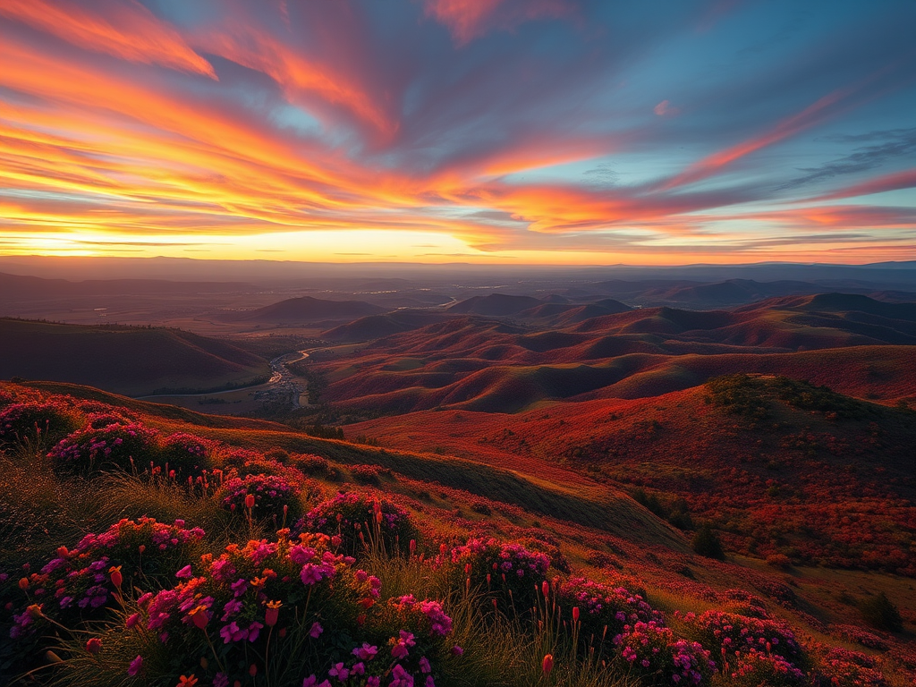 Create a high-quality image of a scenic landscape with vibrant colors, utilizing a Canon EOS R5 with a 24-70mm f/2.8 lens, aperture set to f/8, ISO 100, shutter speed 1/250s, in landscape orientation to capture great depth and clarity.